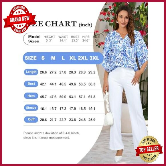 Women's 3/4 Sleeve V-Neck Bohemian Tunic Top Loose Fit Blouse - Picture 7 of 8